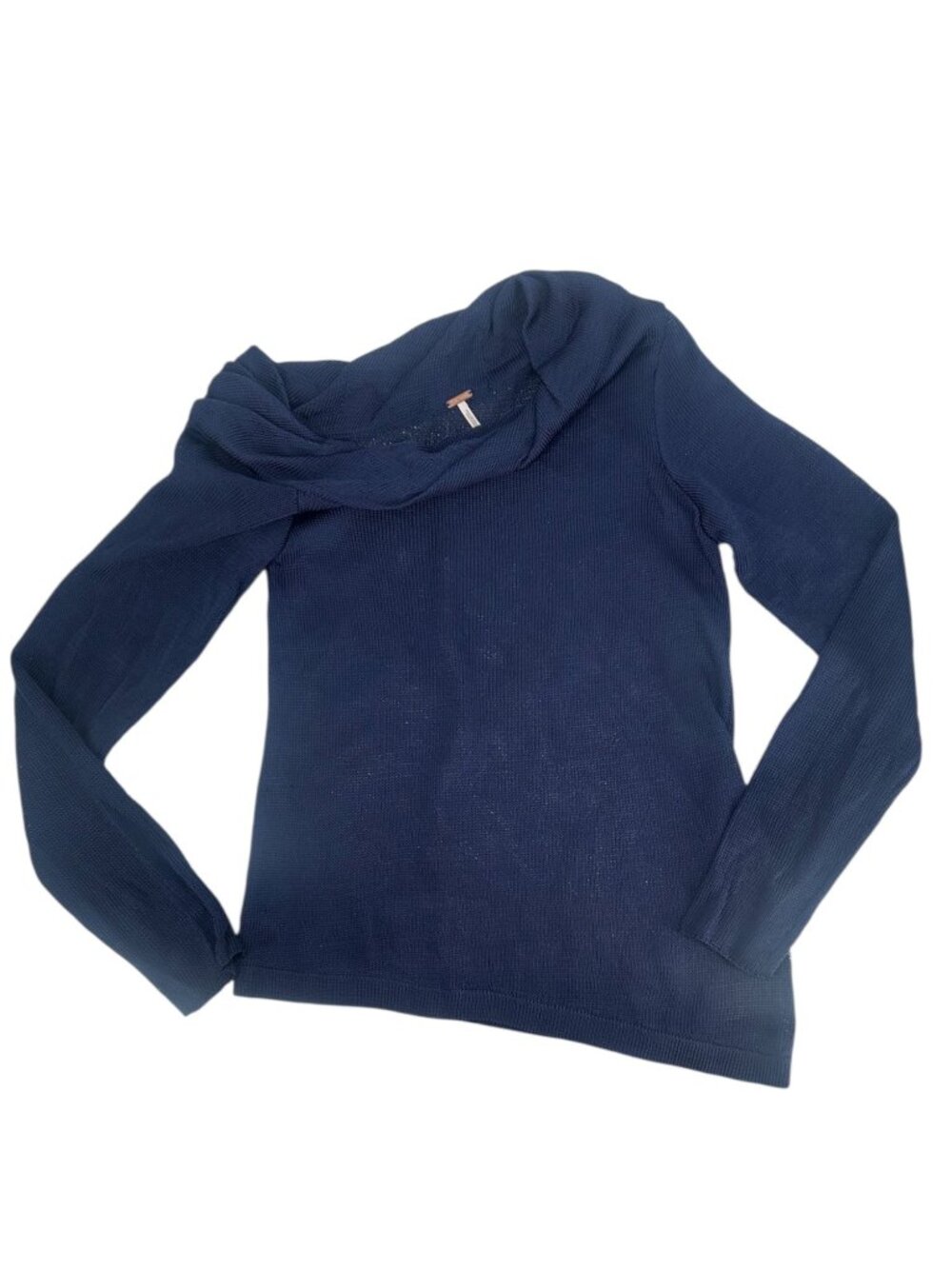 Free People Sweater XL Navy Blue Slouchy Cowl Neck Top Asymmetrical Coastal Boho